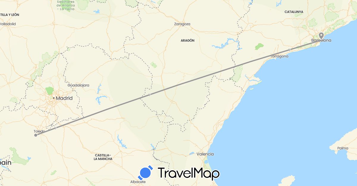 TravelMap itinerary: plane, train in Spain (Europe)